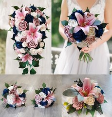 Stargazer Lily Bridal Cascading Bouquet Pink & Navy Sola Wood Cascade Bridesmaid
