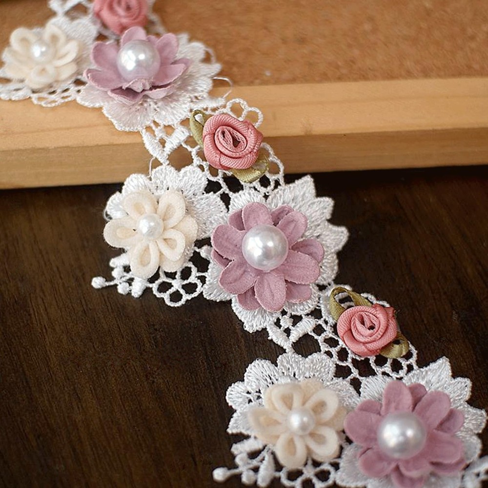1 Yard Baroque Lace Flowers Pearls Ribbons, Vintage Rose Pearl