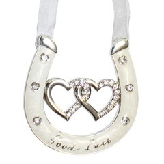 Wedding Good Luck Double Heart Horseshoe with Diamanté Silver / Enamel