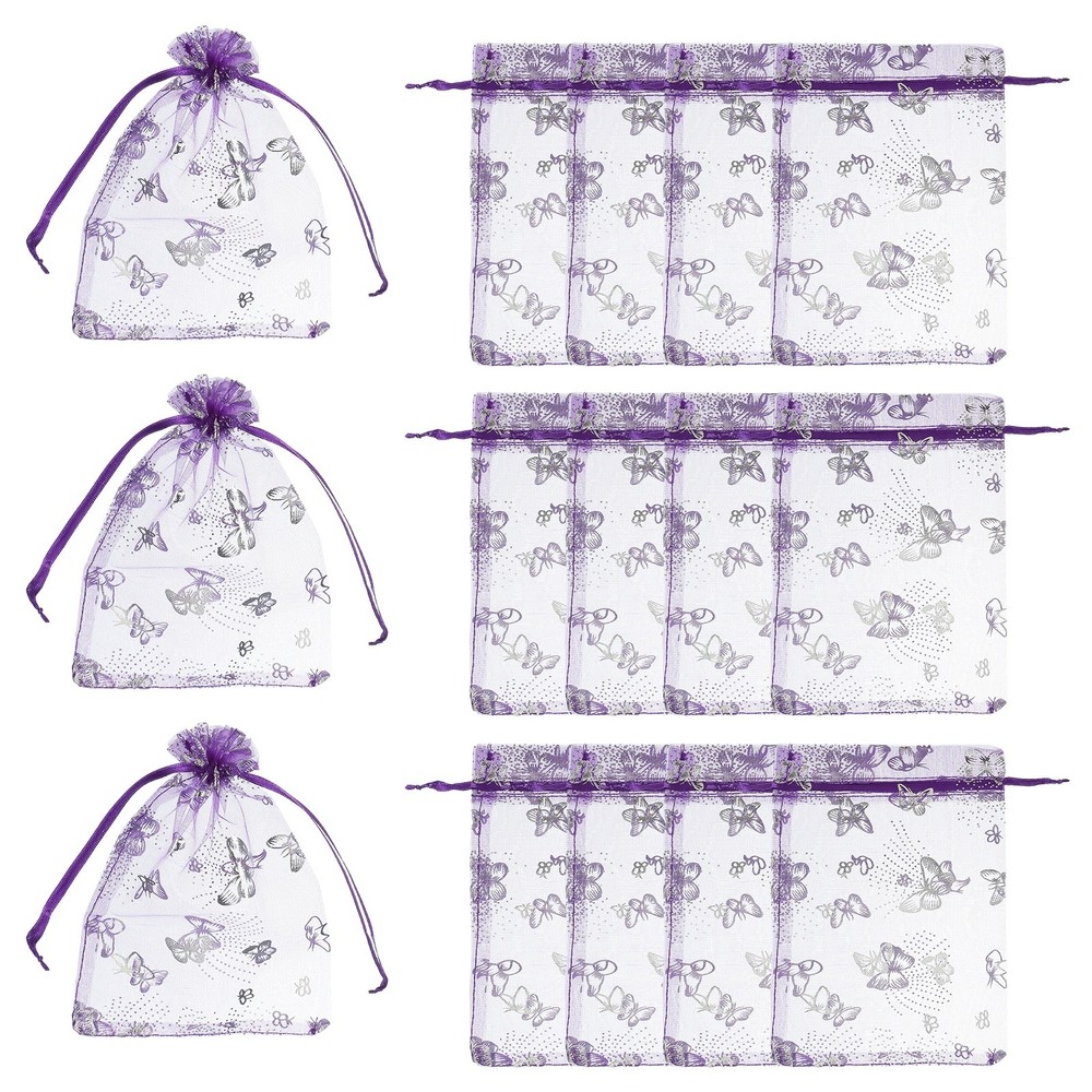 Organza Bag, 100 Pcs 5.1 x 7 Inch Butterfly Mesh Candy Pouch, Dark Purple Silver