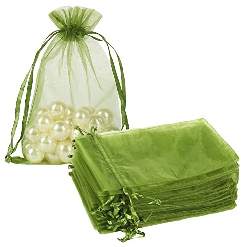 100pcs Organza Drawstring Bags 4 x 6 inch Candy Mesh Gift Bags Olive Green
