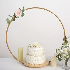 33″ Gold Wood with Round Geometric Metal Arch Cake Display Stand Wedding