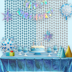 Silver Blue Snowflake Fringe Curtain – Winter Onederland Streamers Backdrop wit