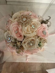 Pink And White Quinceañera Wedding Bouquet With Rhinestones And Ribbons
