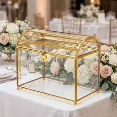 Glass Wedding Card with Slot and Lock, 10 x 7.9 x 5.5 Inches Gold Clear Decor…
