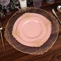 10 DUSTY ROSE GOLD 8″ Round Plastic Salad Dinner PLATES Embossed Baroque Rim