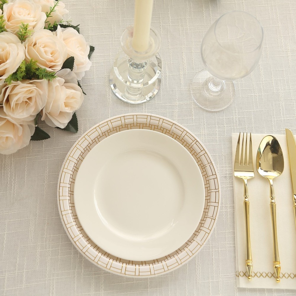 25 WHITE 9″ Paper PLATES GOLD Basketweave Design Rim Party Events Home Tableware
