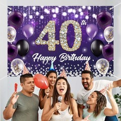 Large Happy 40th Birthday Backdrop Banner Purple Theme Decor With Shiny Diamo…