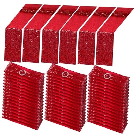 54 Pcs Sequin Chair Sashes and Table Runners, 48 Sequin Chair Bows, 6 Red