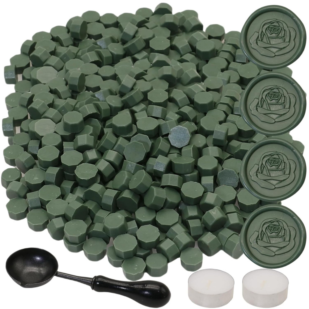 300Pcs Wax Seal Beads Set with Non-Slip Melt Spoon and Candles, Olive Green Seal