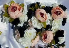 19 Pc Wedding Bouquet Pkg, Ivory, Navy Blue Roses, Blush Peony, Navy & Pink