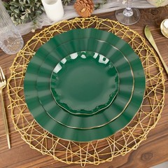 10 HUNTER GREEN 11″ Round PLASTIC Salad Dinner PLATES Gold Wavy Rim Wedding