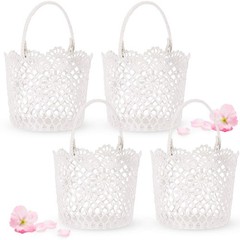 White Flower Girl Basket with Handle for Wedding Ceremony 5.9 x 4.72 x 4.33 Inch