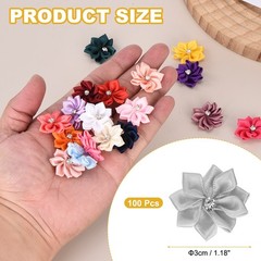 100 Pcs Ribbon Flowers, 1.2 in Fabric Flowers with Rhinestones, Light Gray