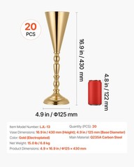 VEVOR 20 PCS Wedding Flower Vase 16.9in Tall Trumpet Table Centerpieces Gold