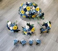Dusty Blue Navy Sunflower Sola Wood Cascade Bridal Bouquet & Wedding Flowers