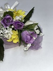 Bridal Wedding Floral Bouquet corsage and boutonniere, white roses, purple