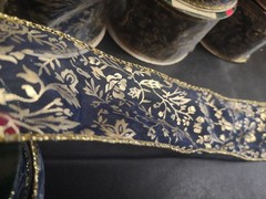 Exquisite Navy Sheer Ribbon, 10 Yards, Gold Leaf Stamped Floral Vine, Wired 2″