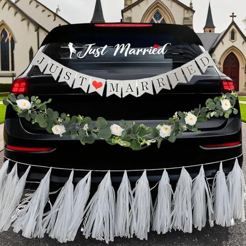 4PCS Just Married Wedding Car Decorations Kit with Greenery Vine Removable