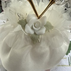 VTG Ornate Hand Blown Spun Glass Wedding Cake Topper Heart Humming Birds Gold