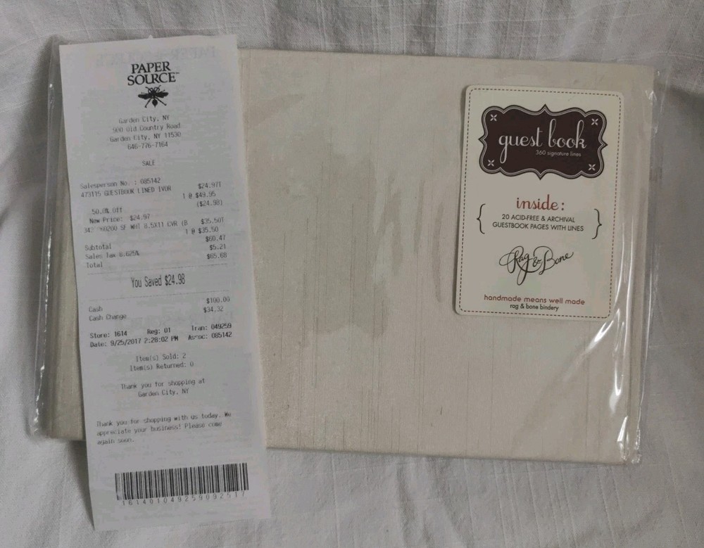 Rag & Bone Bindery Signature Lined GUEST BOOK Cream/Off White LINEN Guest Book