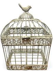 Vintage Ornate Birdcage Distressed White Metal Greek Key Décor with Bird Top
