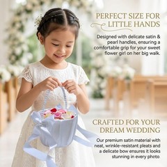 Wedding Flower Girl Baskets Pearl Handle Satin Bow Bridal Ceremony Decor 2 Pack