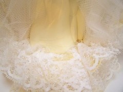 Wedding Cake Topper Bride Groom Yellow Brown Hair Vintage White Lace Plastic