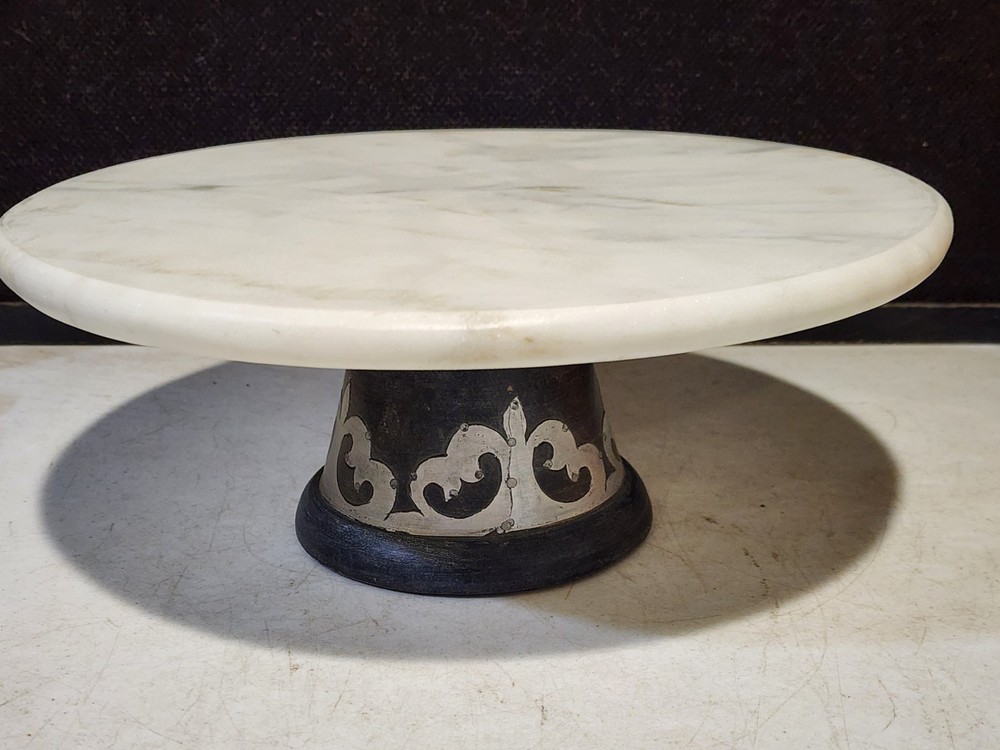 GG Gracious Goods Inlaid Metal Cake Stand with Marble Top