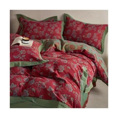 MKXI Red Floral Queen Duvet Cover Set Cotton Guaze Textured Shabby Chic Flowe…