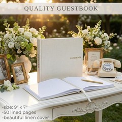 Beige Linen Wedding Guest Book 9 x 7 Inch Reception Sign In Book