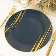NAVY BLUE GOLD 10 Round 10″ Plastic Salad DINNER PLATES Metallic Prints Party