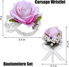 Rose Corsage Wristlet Band and Boutonniere Set, Pink Flowers