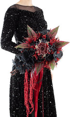 12 Inch Cascade Wedding Bouquets for Bride, Black & Burgundy Cascading Bridal Bo