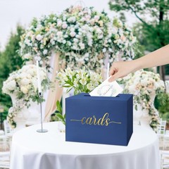 Navy Blue Wedding Card Box, Gift Cards Box Holder with Gold Foil Design for W…