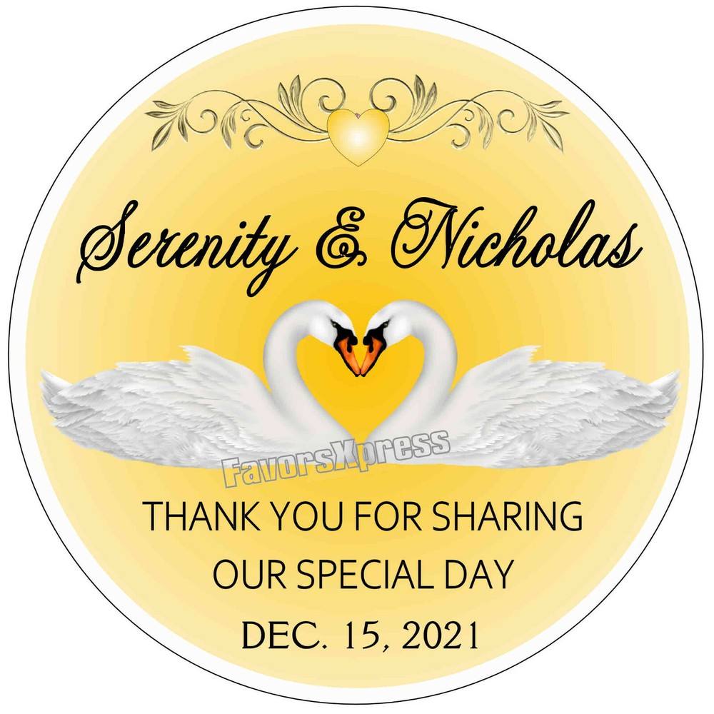 GOLD YELLOW WEDDING FAVOR STICKERS THANK YOU LABELS BRIDAL SWANS