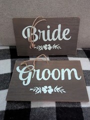 Bride and Groom Signs; Brown w/ White Text; Hanging Twine Strings; Lightly Used