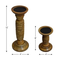 Handmade Wood Traditional Medium Polish Set Of Two Pillar Candle Holder BBH Home