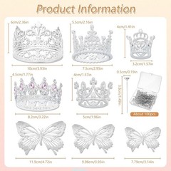 Flower Bouquet Accessories Set: 5 Mini Crowns, 36 Butterflies & 100 Pins (Gold)