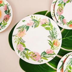 25 White 9″ Round Paper Plates with Flower Wreath Design Disposable Tableware