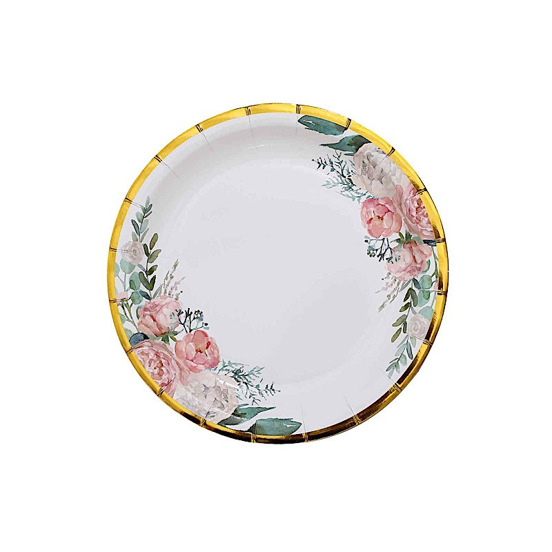 25 White Round Paper Plates Floral Design Gold Rim Party Events Home Tableware