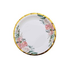 25 White Round Paper Plates Floral Design Gold Rim Party Events Home Tableware