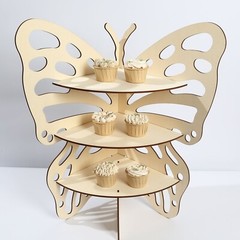 24″ NATURAL 3 Tier Butterfly Wooden CUPCAKE Dessert STAND Party Event Supplies