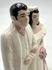 Vtg 1950’s Wedding Cake Topper 7” Bride & Groom Ceramic Iridescent Dress Pink