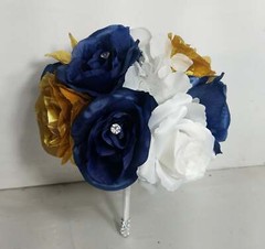 Navy Blue White Gold Rose Bridal Wedding Bouquet Accessories