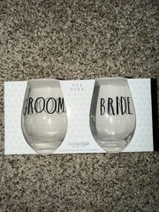 Rae Dunn Groom Bride Stemless Wine Glass Set Wedding 19oz Set of 2