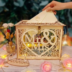 1 PCS Wooden Wedding Card Box With Lock Sign Mr Mrs Money Gift Post Case
