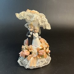 Vtg 1950’s Wedding Cake Topper Bride & Groom Ceramic 8” Blonde USA Lace Peach