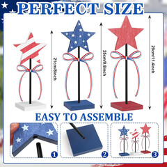 3 PCS 4Th of July Table Decorations Wooden Star Set, Rustic Memorial Day Table D