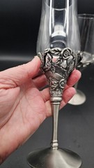 Pair Pewter Glass Champagne Flutes Roses Grapes Wedding Toast Goblets